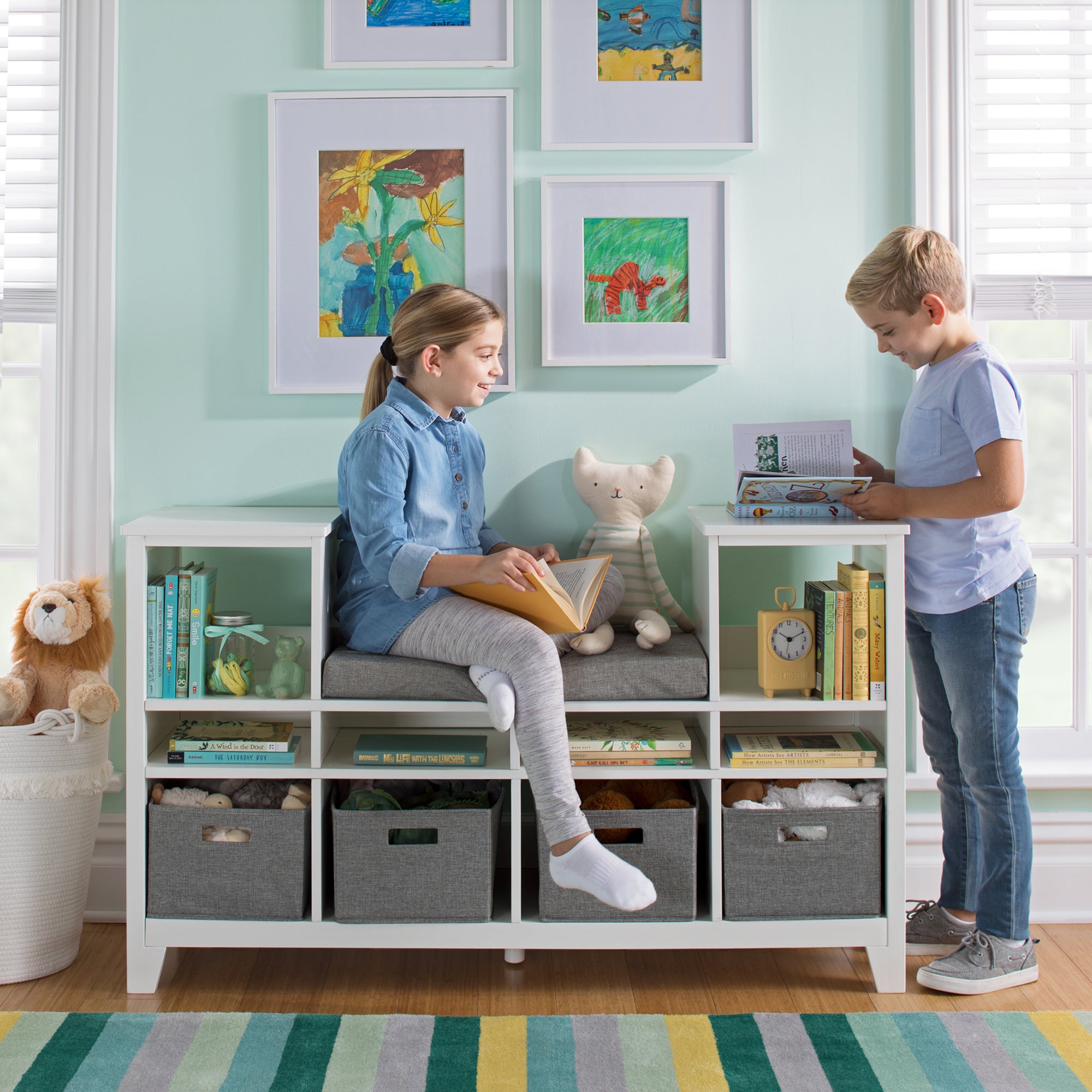 Martha Stewart Living and Learning Kids' Reading Nook - White: Wooden Storage Bookshelf Organizer with Seat Cushion, and Fabric Bins for Toys, Books, Art - Bedroom or Playroom Cubby