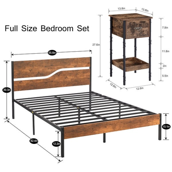 Taomika 3-pieces Bedroom Set with Platform Bed Frame and Nightstands Set of 2，Rustic Brown - - 36189199