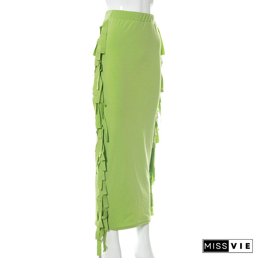 Autumn New Style Casual Printed Pleated Mid-length Fringed Skirt