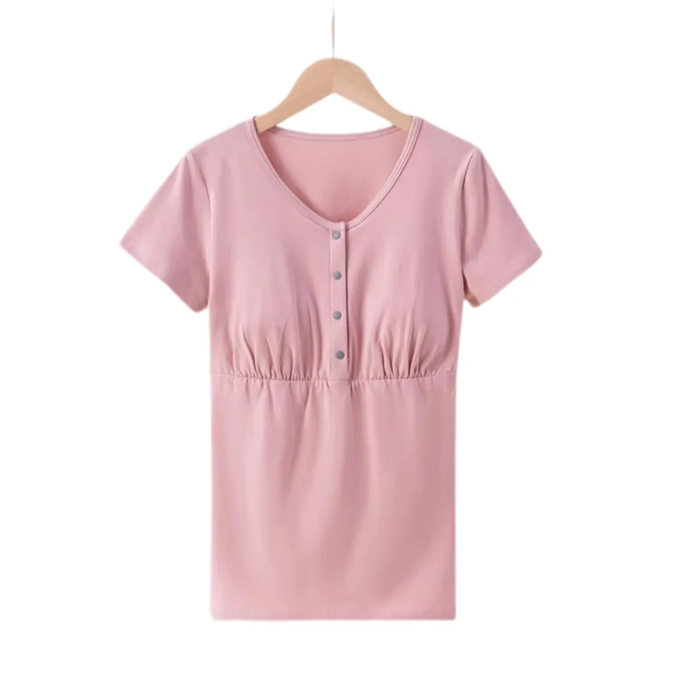 Postpartum Nursing Cotton T-Shirt – Loose Fit, Front-Button Maternity Top for Summer