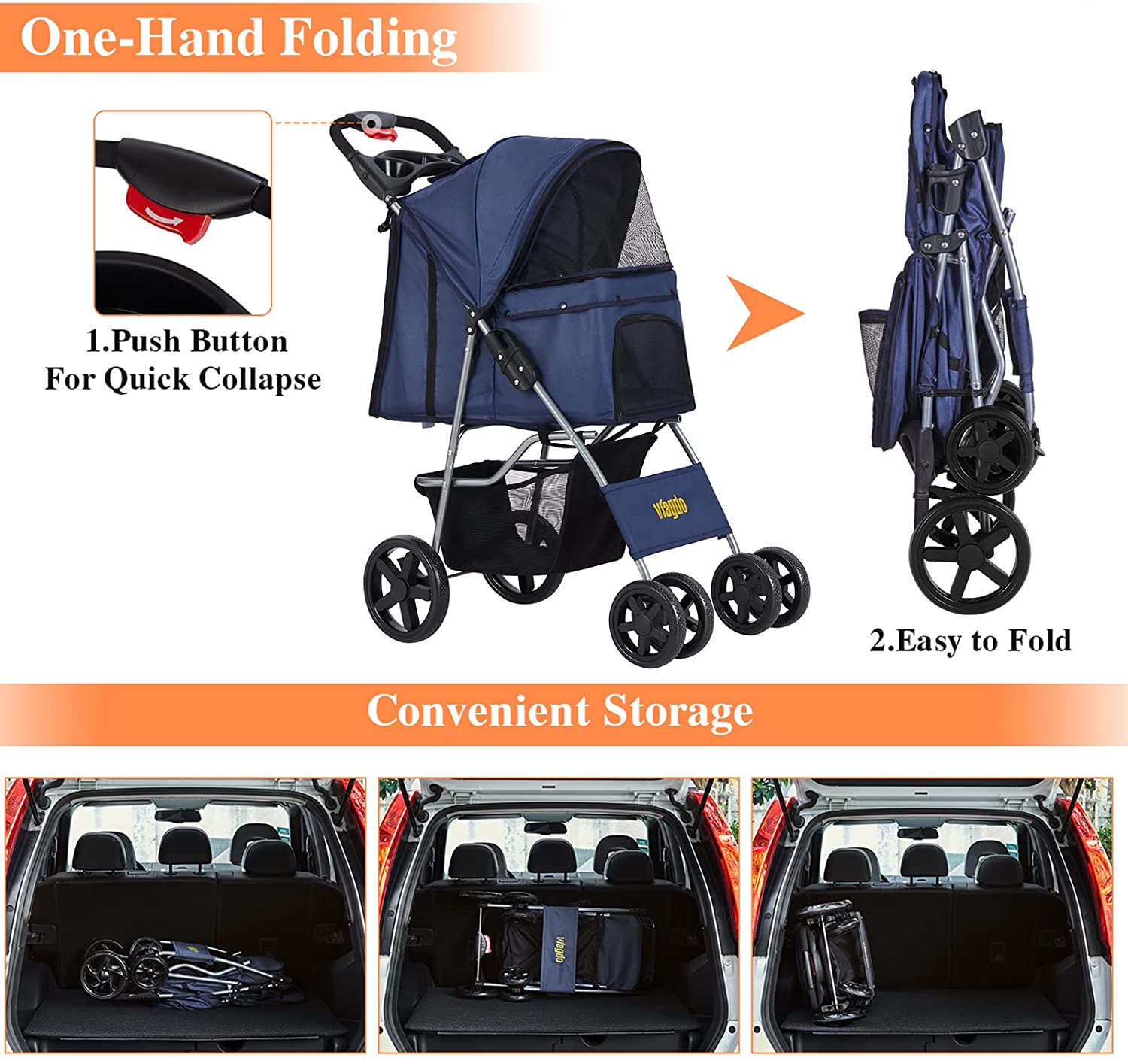 Msmask Foldable Pet Stroller 4 Wheel Cat Dog Travel Carrier with Storage Basket，Dark Blue