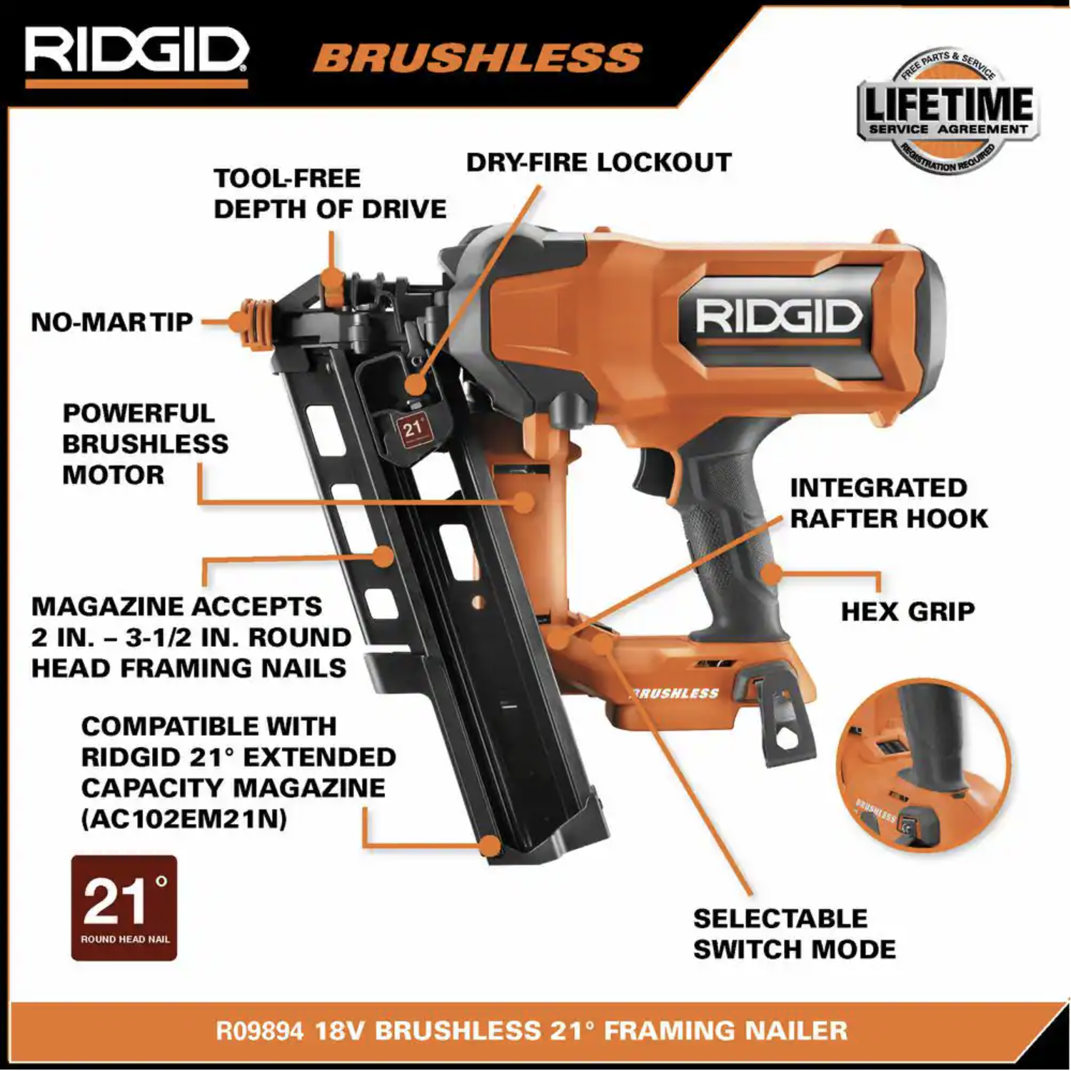 Ridgid R09894B 18V Brushless Cordless 21 Degree 3-1/2 in. Framing Nailer (Tool Only)