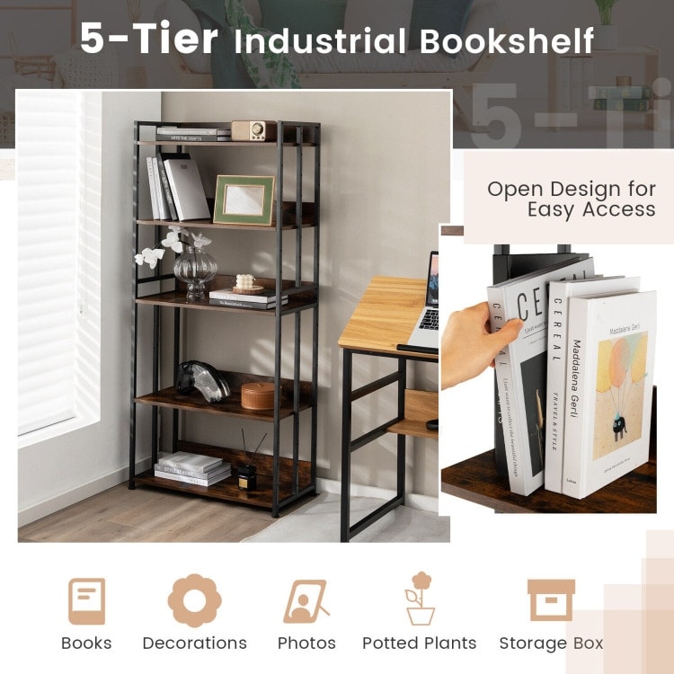 Industrial Bookshelf Storage Shelf Display Rack with Adjustable Shelves