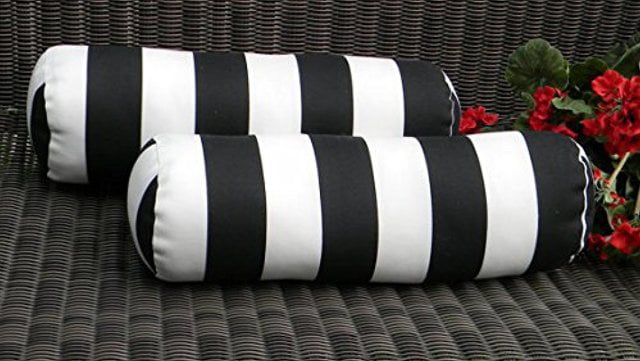 Set of 2 In/Outdoor Neckroll Decorative Pillows- White & Black Stripe- 20