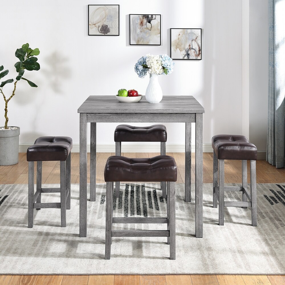 5 Piece Counter Height Bar Table Set Breakfast Nook Small Square Table and 4 Linen Fabric Upholstered Bar Stools with pedals