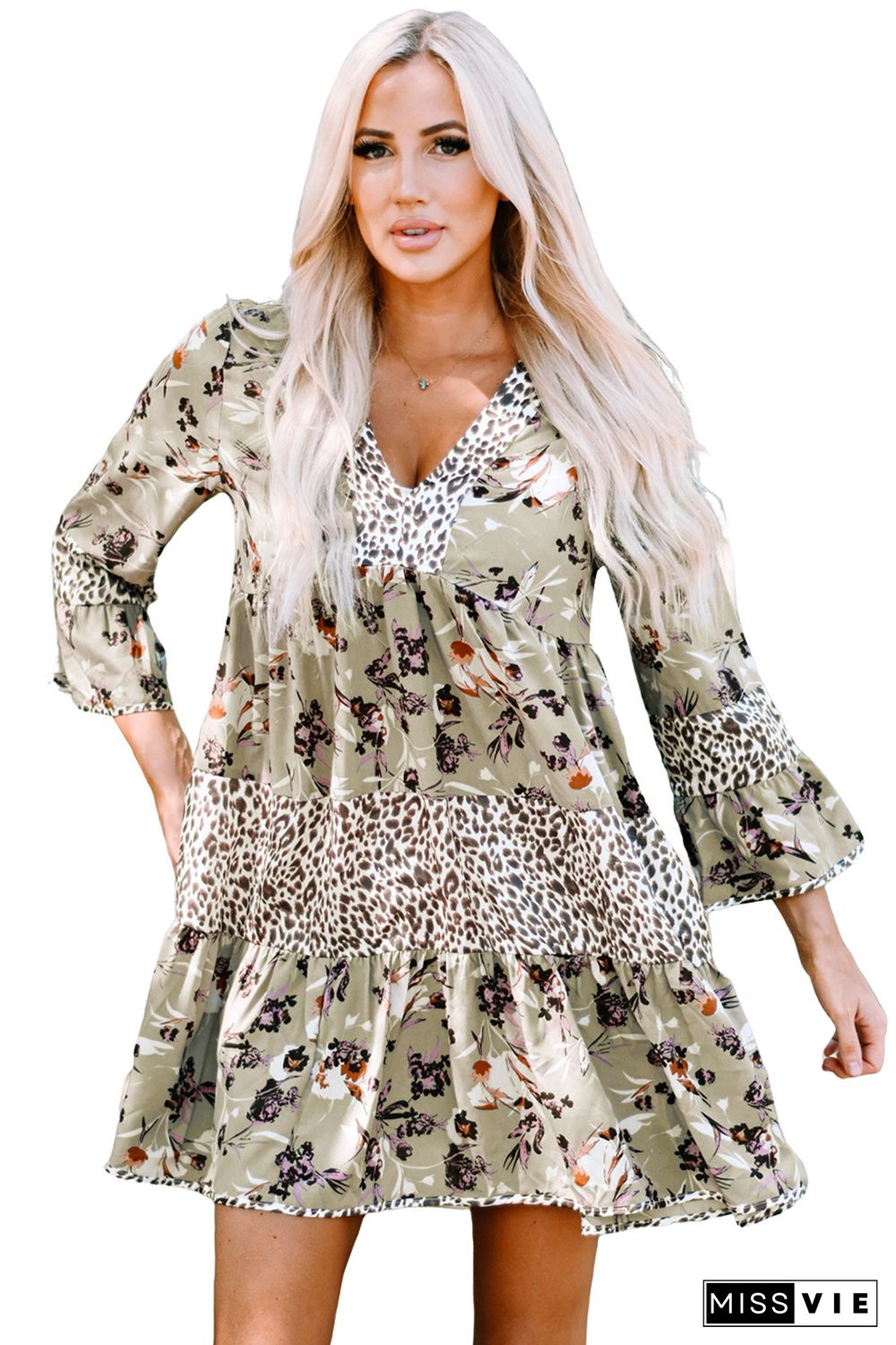 Khaki Floral Leopard Patchwork Print Bell Sleeve Dress