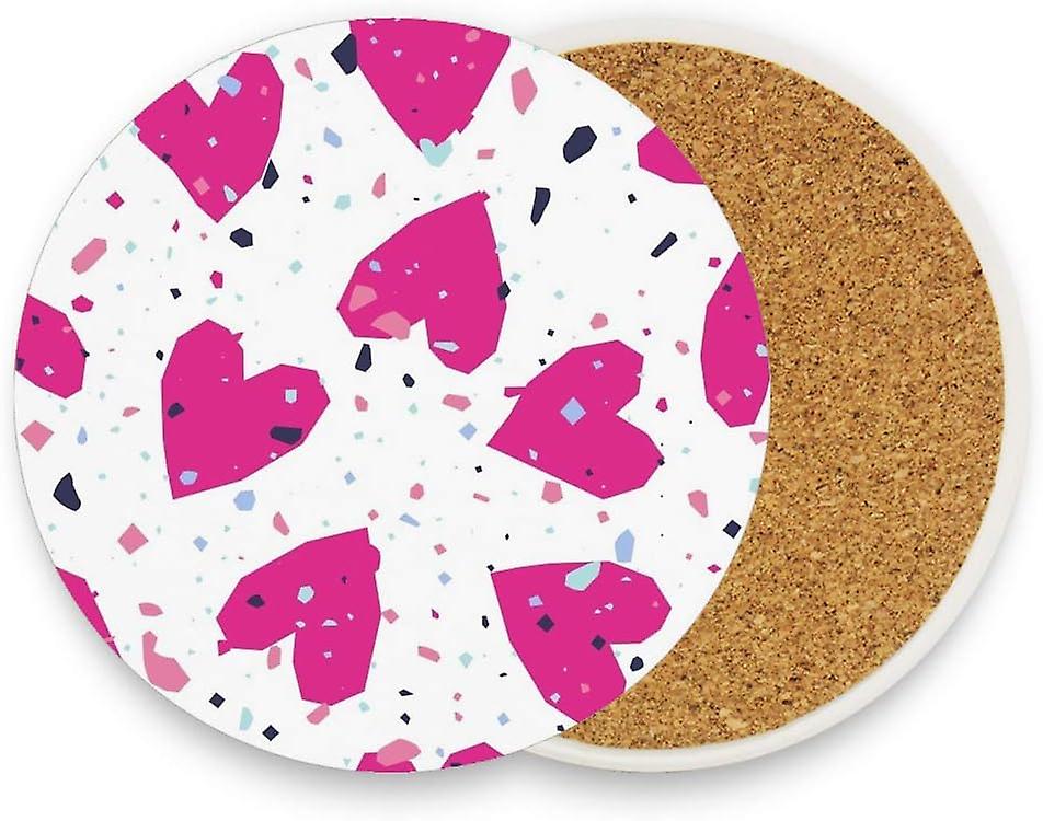 Printed Round Hearts And Terrazzo Texture Ceramic Coasters With Cork-backed For Coffee Drink Cup Mat Absorbent Stone Coaster Set Of 1/2/4