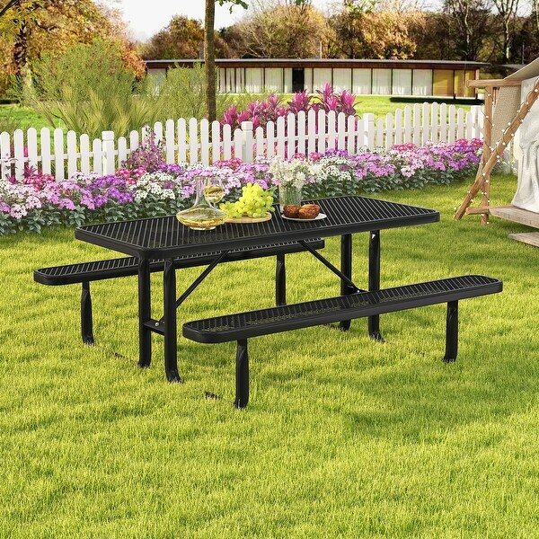 Outdoor Picnic Table and Bench Set for 8 Person with Seats and Mesh Grid