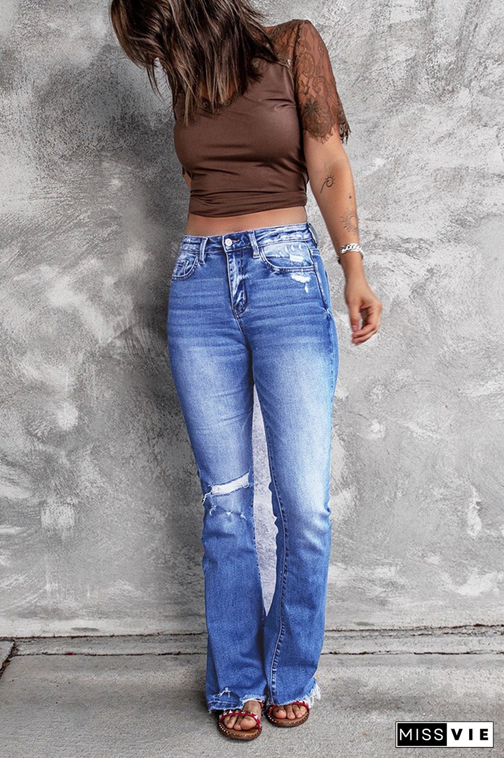 Blue Ripped jeans Flared Jeans Wholesale Boutique