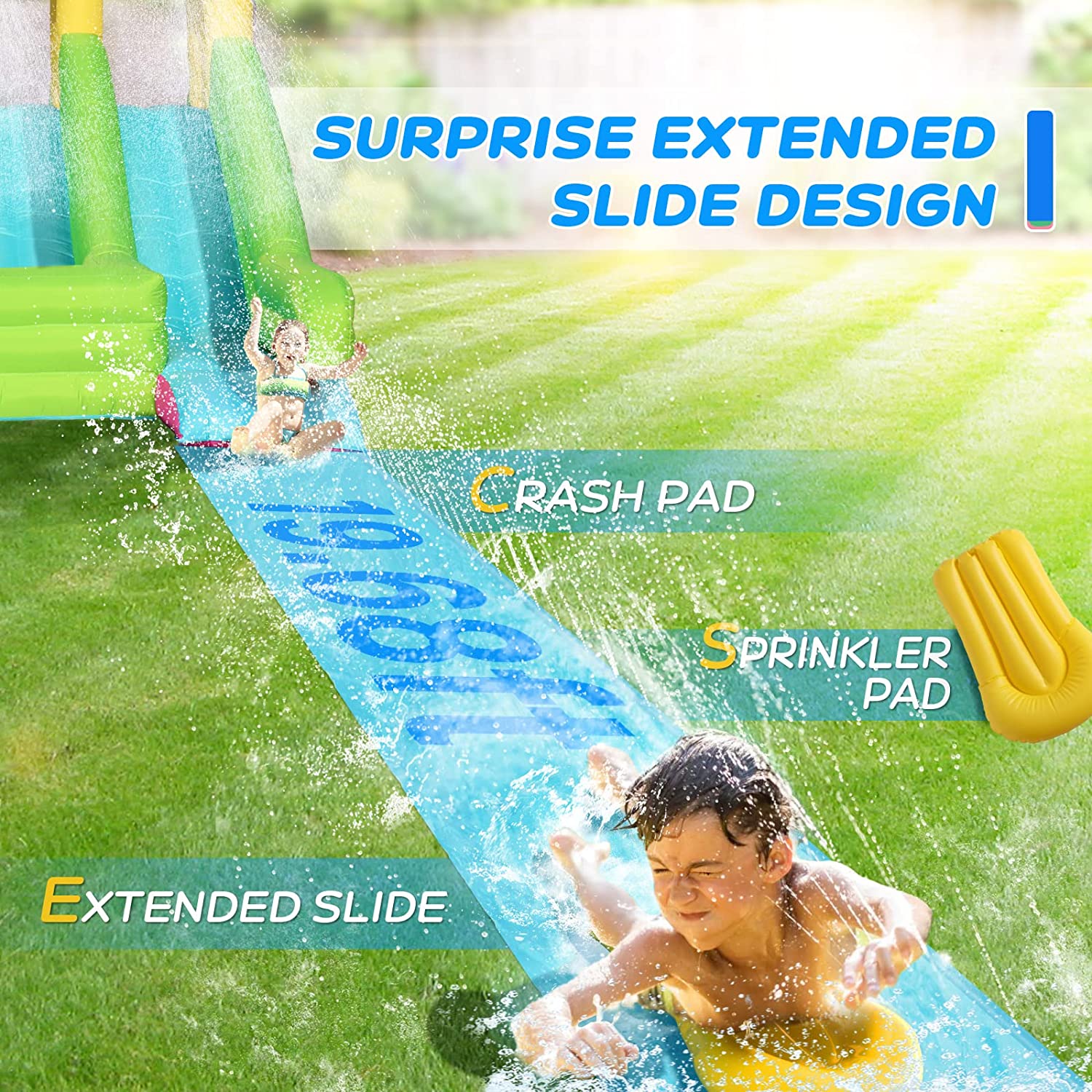 JOYMOR Inflatable Water Slide Park with 20FT Slip and Slides for Kids Backyard, Scoccer Net, Obstacle Course, Water Gun, Lawn Water Slide Summer Water Toy with Sprinkler w/Bodyboard & 750w Air Blower