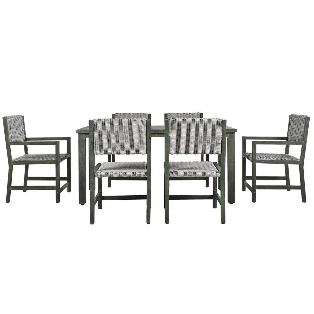 6 Person Acacia Wood and Rattan Outdoor Dining Table and Chairs Set