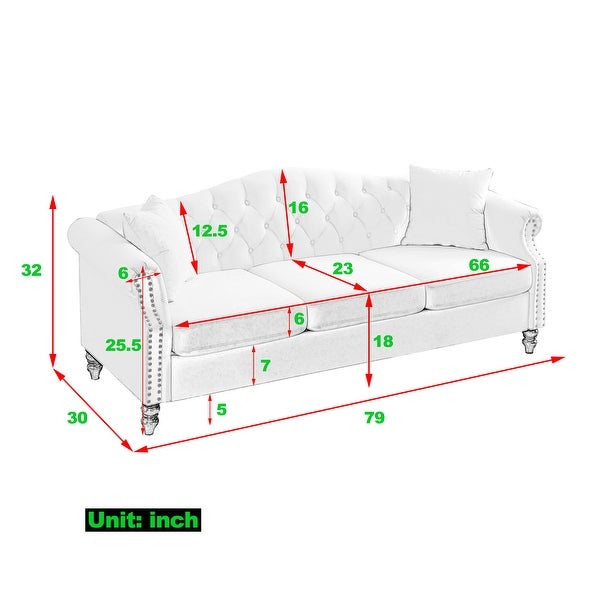 3 Seater Sofa Tufted Couch with Rolled Arms and Nailhead(Two Pillows)