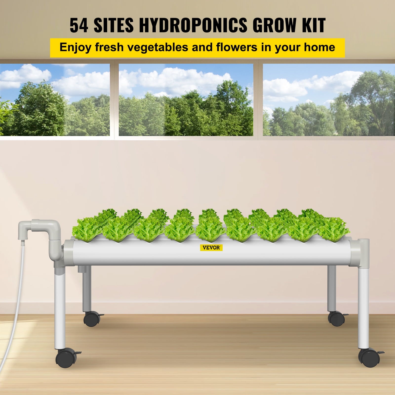 VEVOR Hydroponic Site Grow Kit 1 Layer 54 Plant Sites， 6 PVC Pipes Hydroponic Indoor Plant Growing System， Food-Grade Pipe Plant Grow Kit with Water Pump and Timer