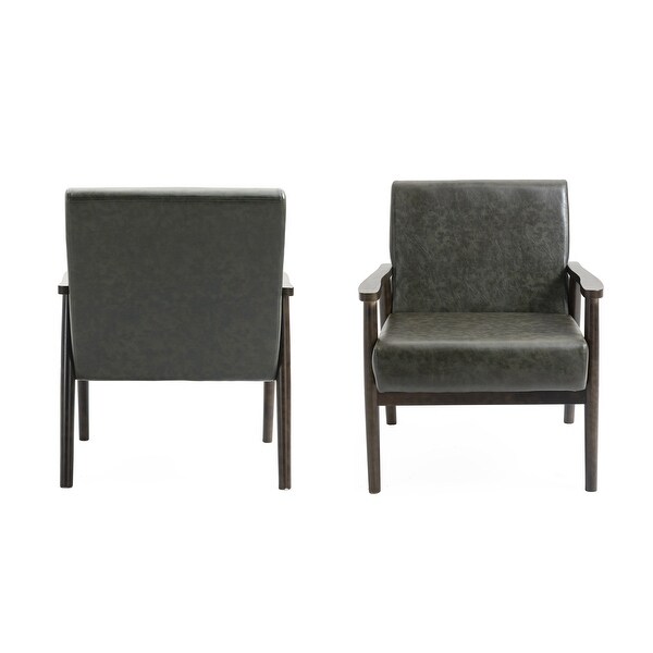 Mid-century Modern Solid Wood Vegan Brown Leather Upholstered Armchairs SET OF 2