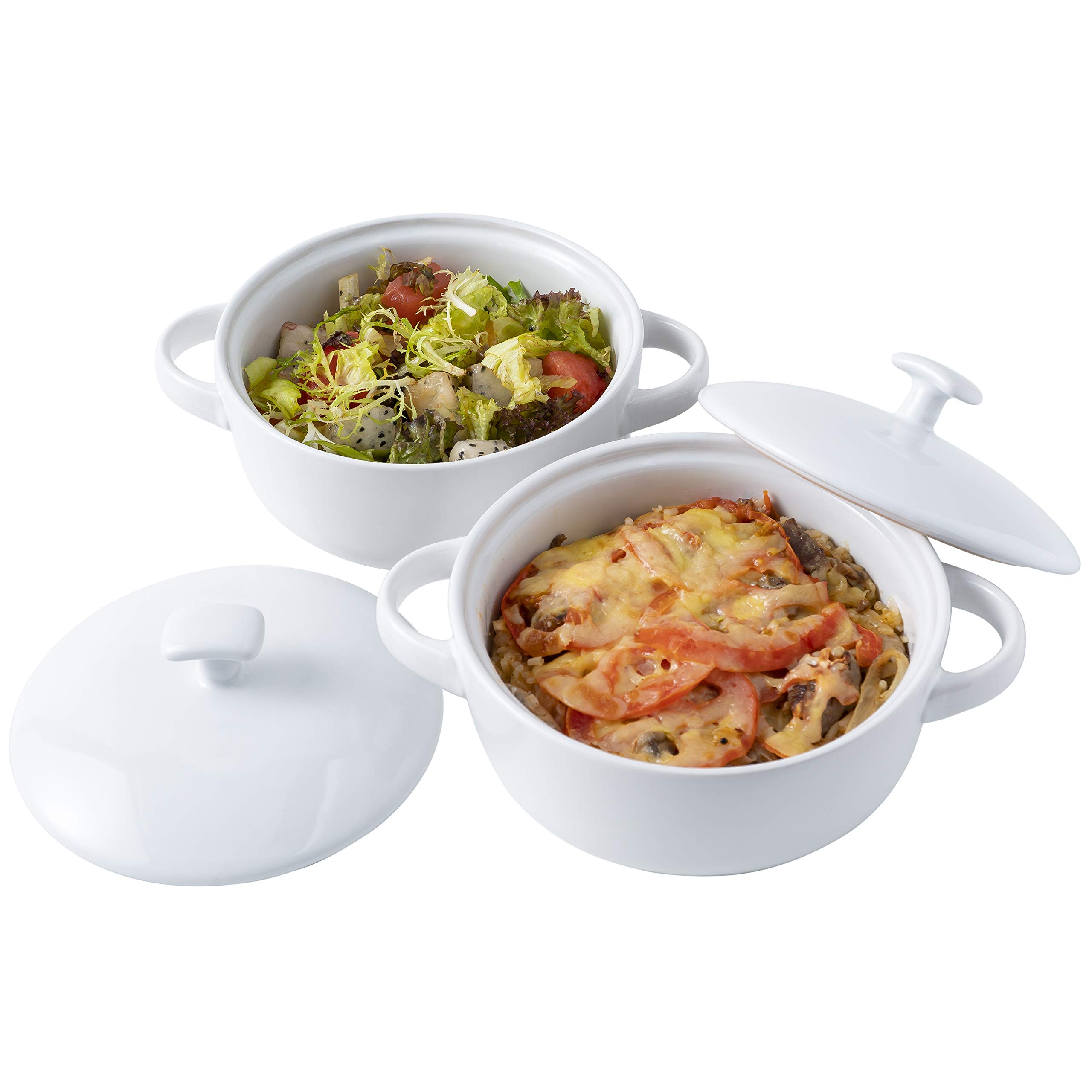 Bruntmor Bake and Serve Oven Safe Ceramic Soup Bowls With Handles and lids - 20oz Set of 2， For Soups， Stews and Cereal， White