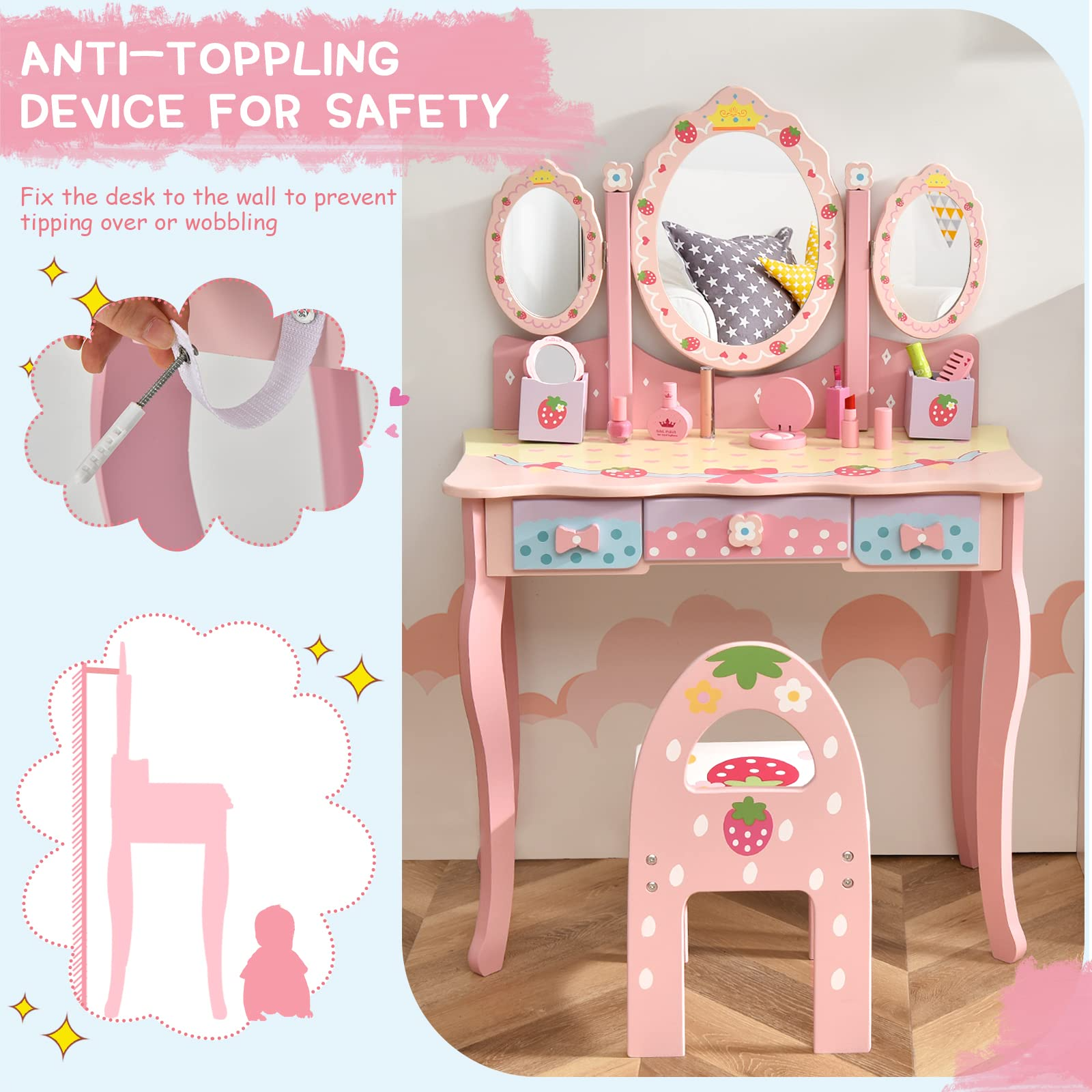 Costzon Kids Vanity Table & Chair Set, 2 in 1 Princess Makeup Dressing Table w/Detachable Top