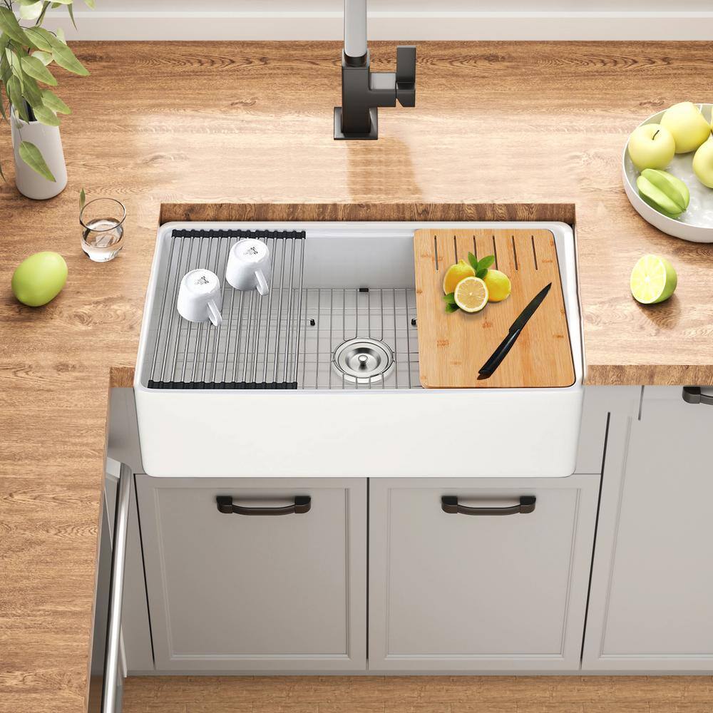 Maincraft White Fireclay 30 in. Single Bowl Farmhouse Apron Workstation Kitchen Sink with Bottom Grid HK12-2567036