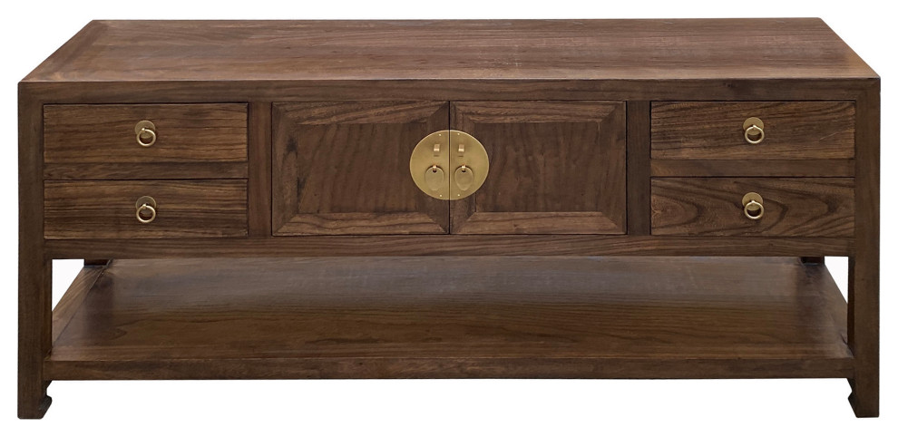 Chinese Oriental Brown Stain Low TV Console Moon Face Table Cabinet Hcs7572   Asian   Entertainment Centers And Tv Stands   by Golden Lotus Antiques  Houzz