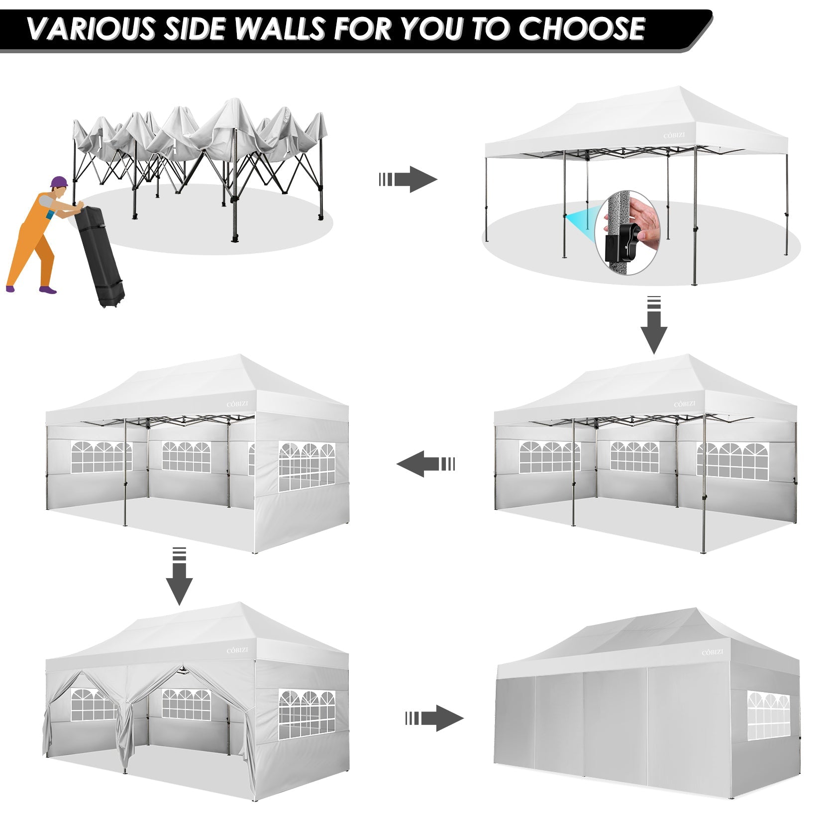 10'x20' Pop Up Canopy Waterproof Folding Tent Outdoor Easy Set-up Instant Tent Heavy Duty Commercial Wedding Party Shelter with 6 Removable Sidewalls, 6 Sandbags, Roller Bag, White