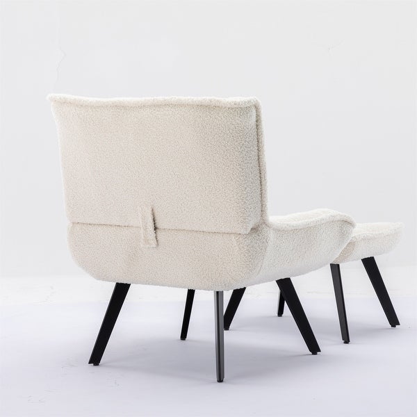 White Soft Teddy Fabric Accent Leisure Chair With Ottoman Black Legs