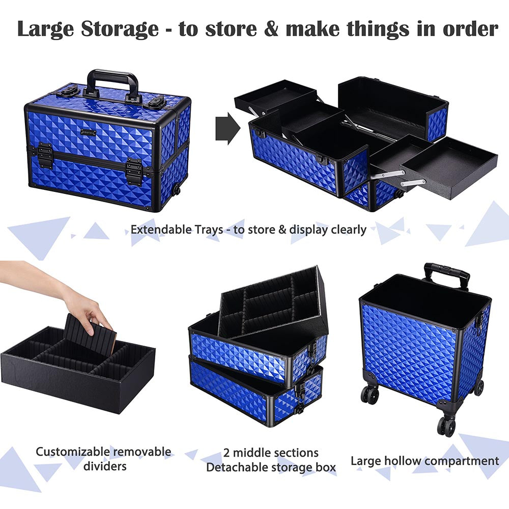 Byootique 4 in 1 Rolling Makeup Case 4-Wheel Blue