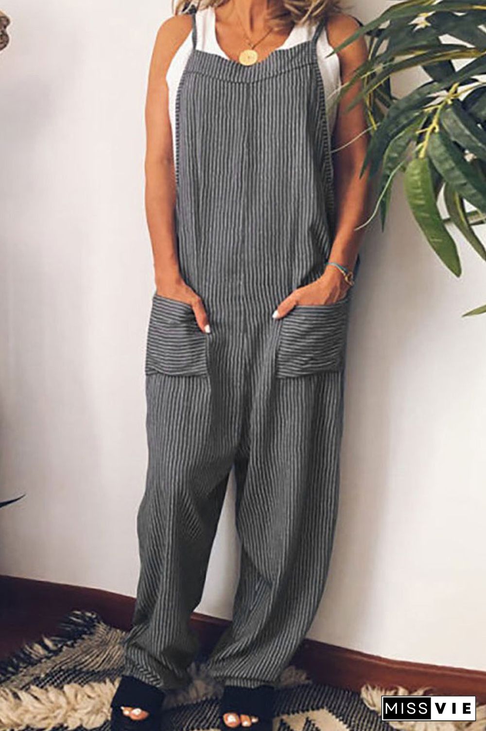 Striped Tie Up Pocket Jumpsuits