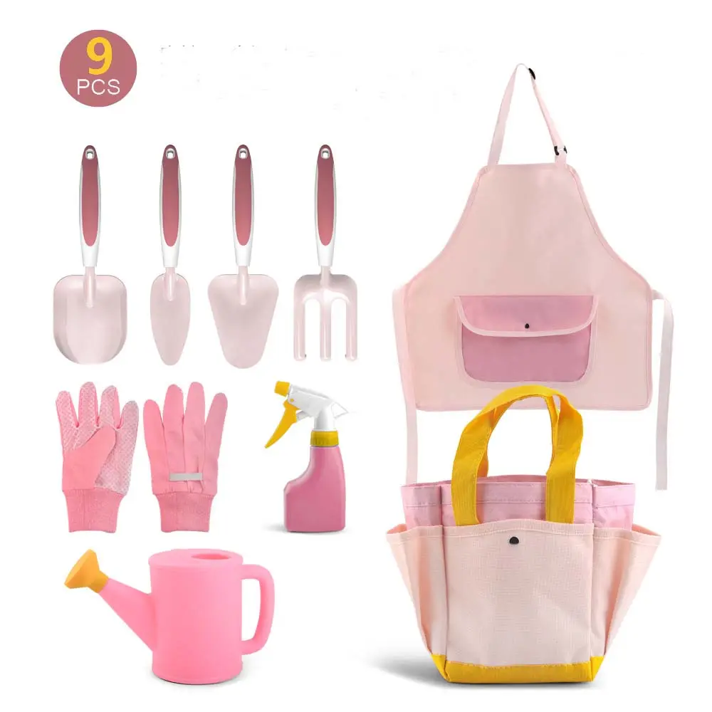 Wholesales Children Child Garden Hand Tool Set 4 6 9 Plastic Toy With Gloves Apron Shovel Rake For Kids Ages 4 8 Outside Gifts