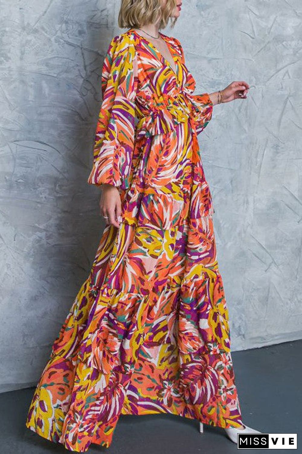 Multicolour Abstract Print Ruffle Tiered Puff Sleeve Maxi Dress