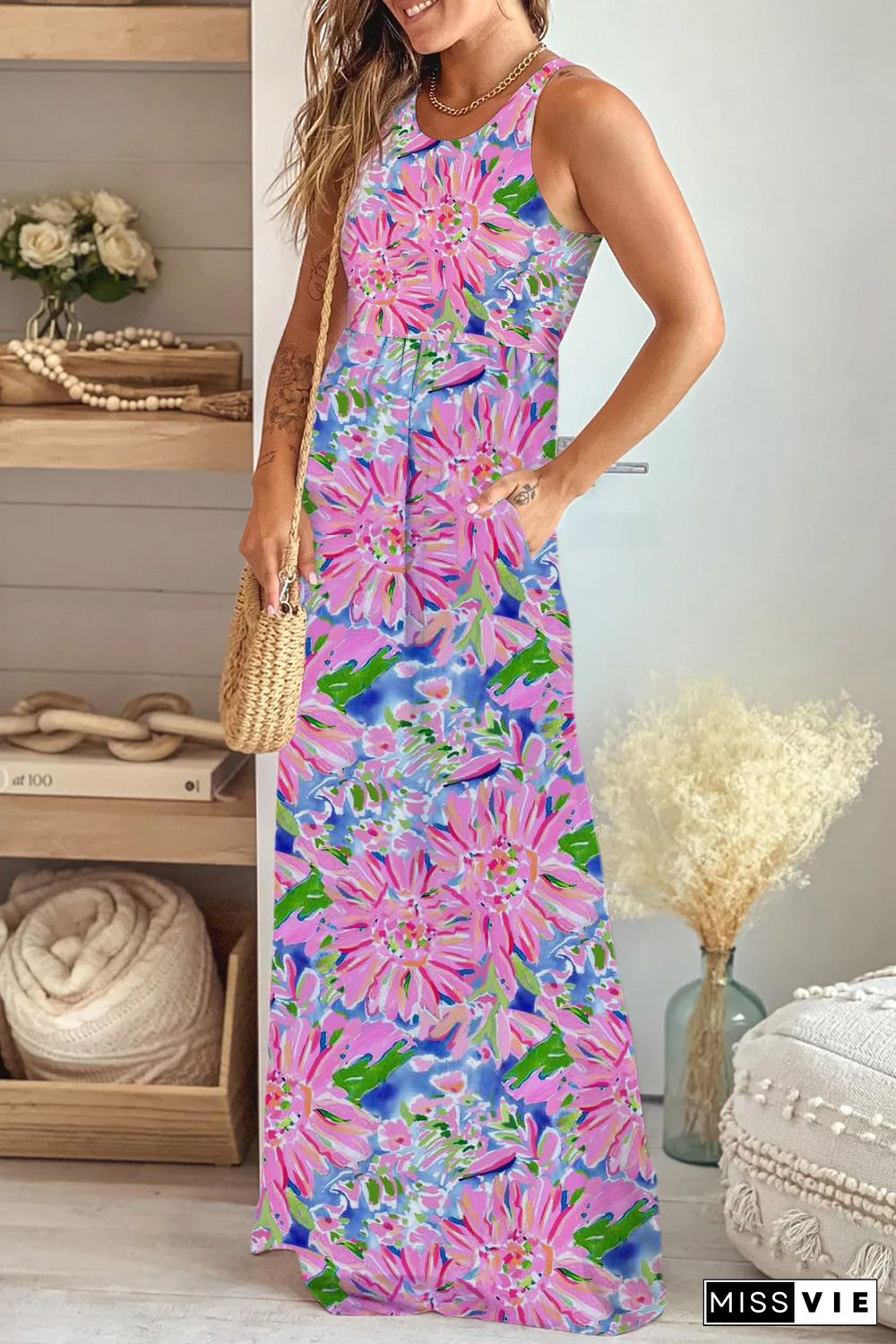 Pink Sleeveless High Waist Pocketed Floral Maxi Dress