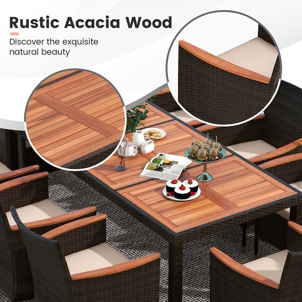 Costway 9PCS Patio Wicker Dining Set Acacia Wood Table Top Umbrella