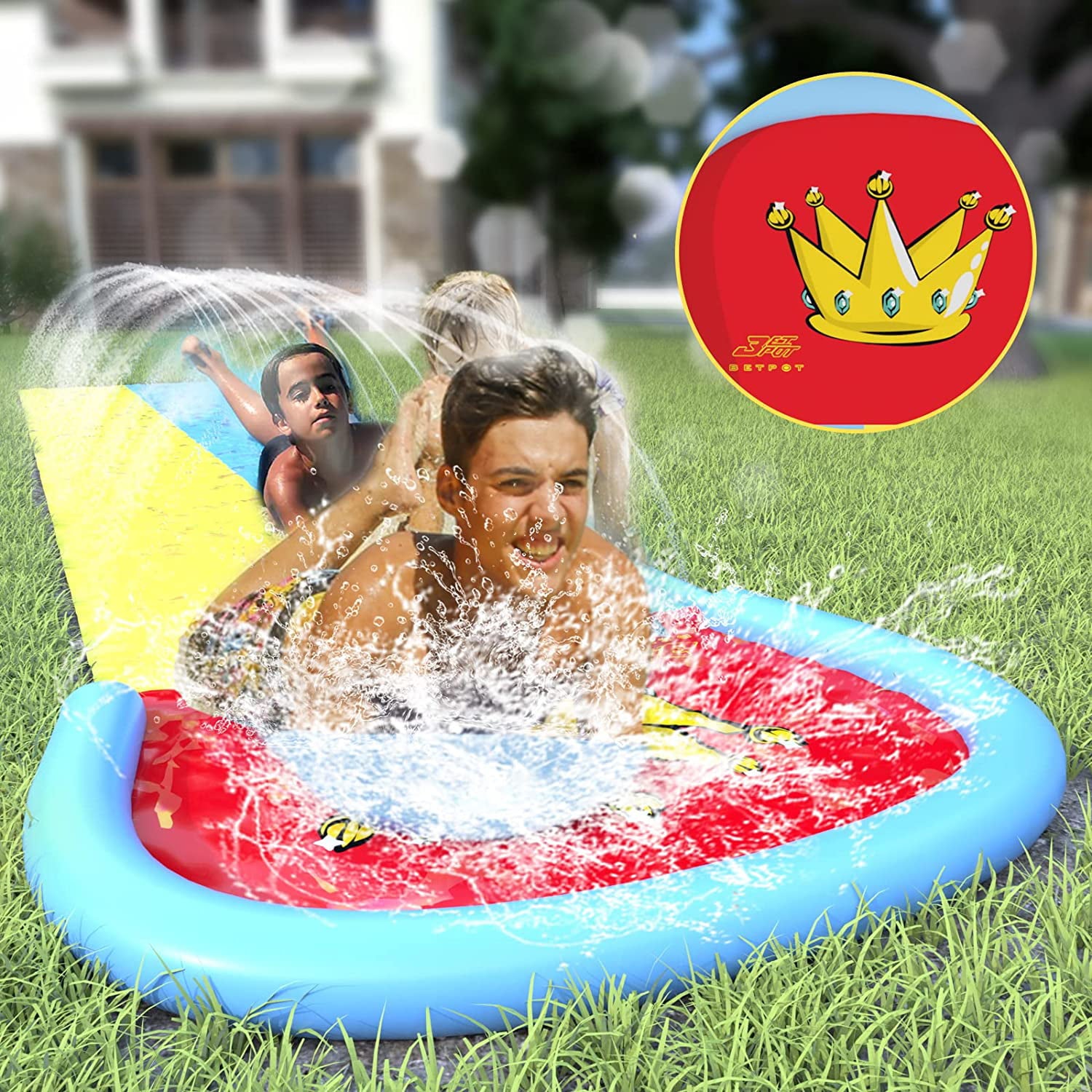 Terra Durable Slip and Slide for Kids And Adults - 20FT Water Slides for Outdoor with 2 Body boards, Summer Toy with Build in Sprinkler Water Toys Play “Crown Scramble”