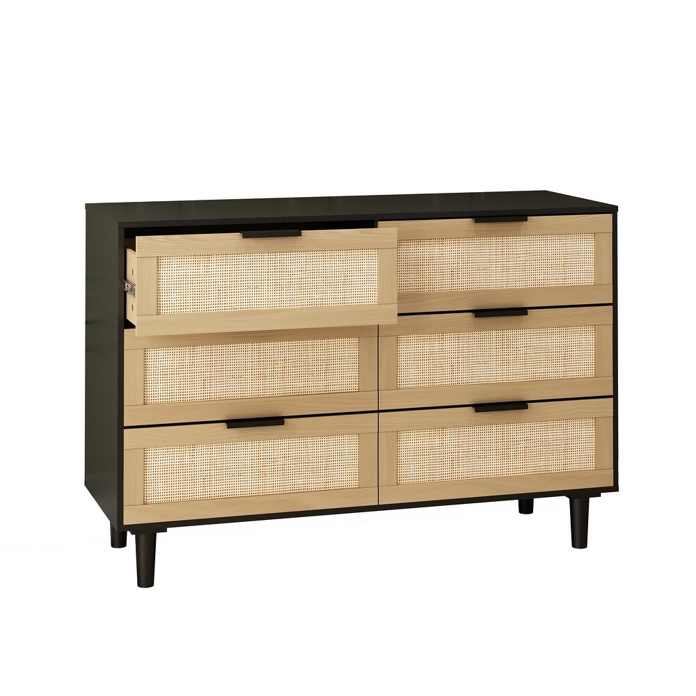 Black Rattan Drawer Dresser with 6 Drawers  Ideal for Bedroom and Living Room