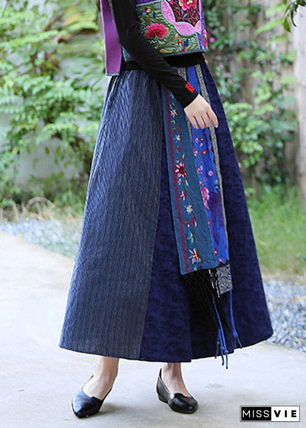 Blue Patchwork High Waist Tassel Maxi Skirts