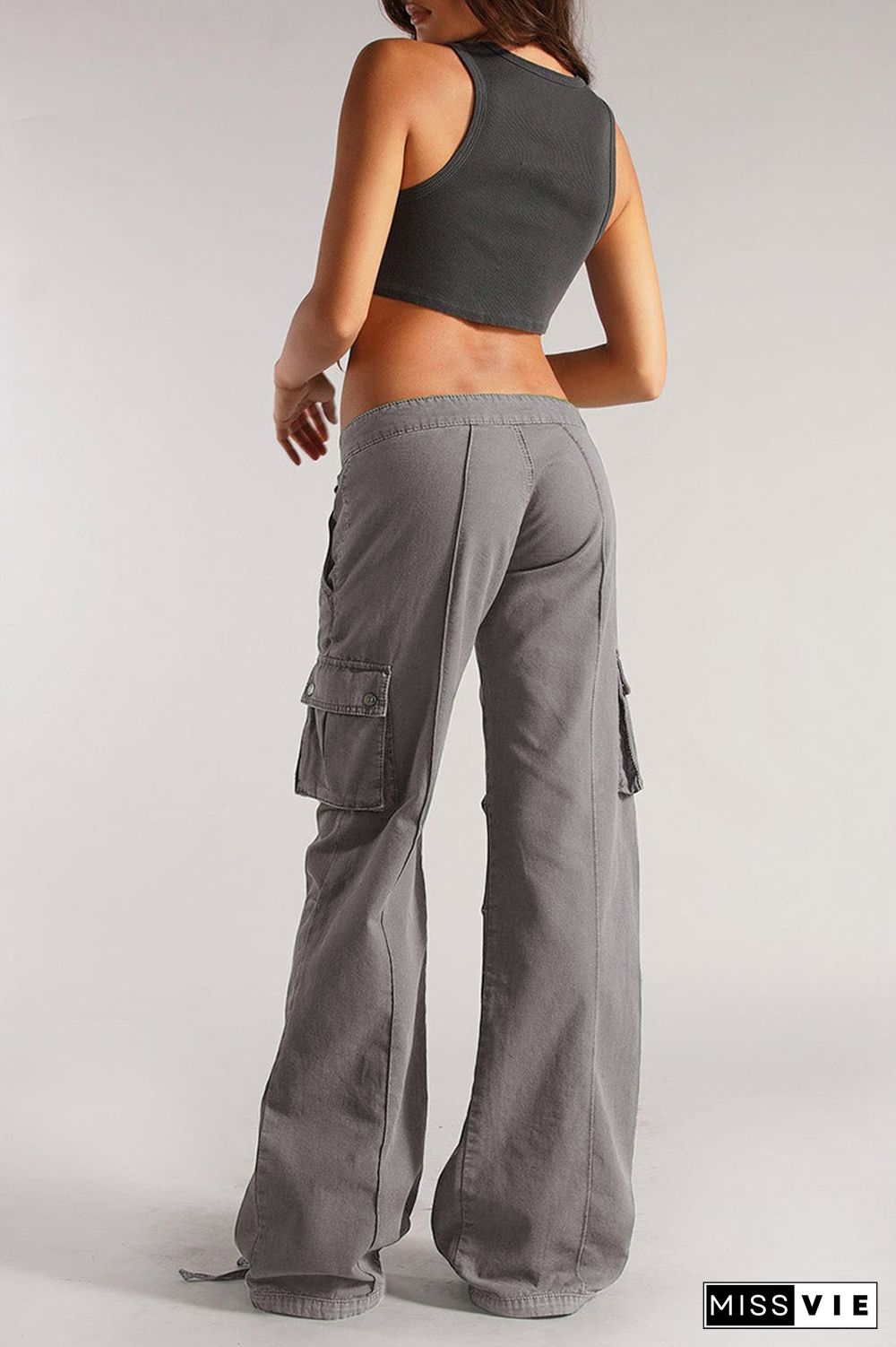 Flap Pocket Drawstring Low Rise Wide Leg Cargo Pants