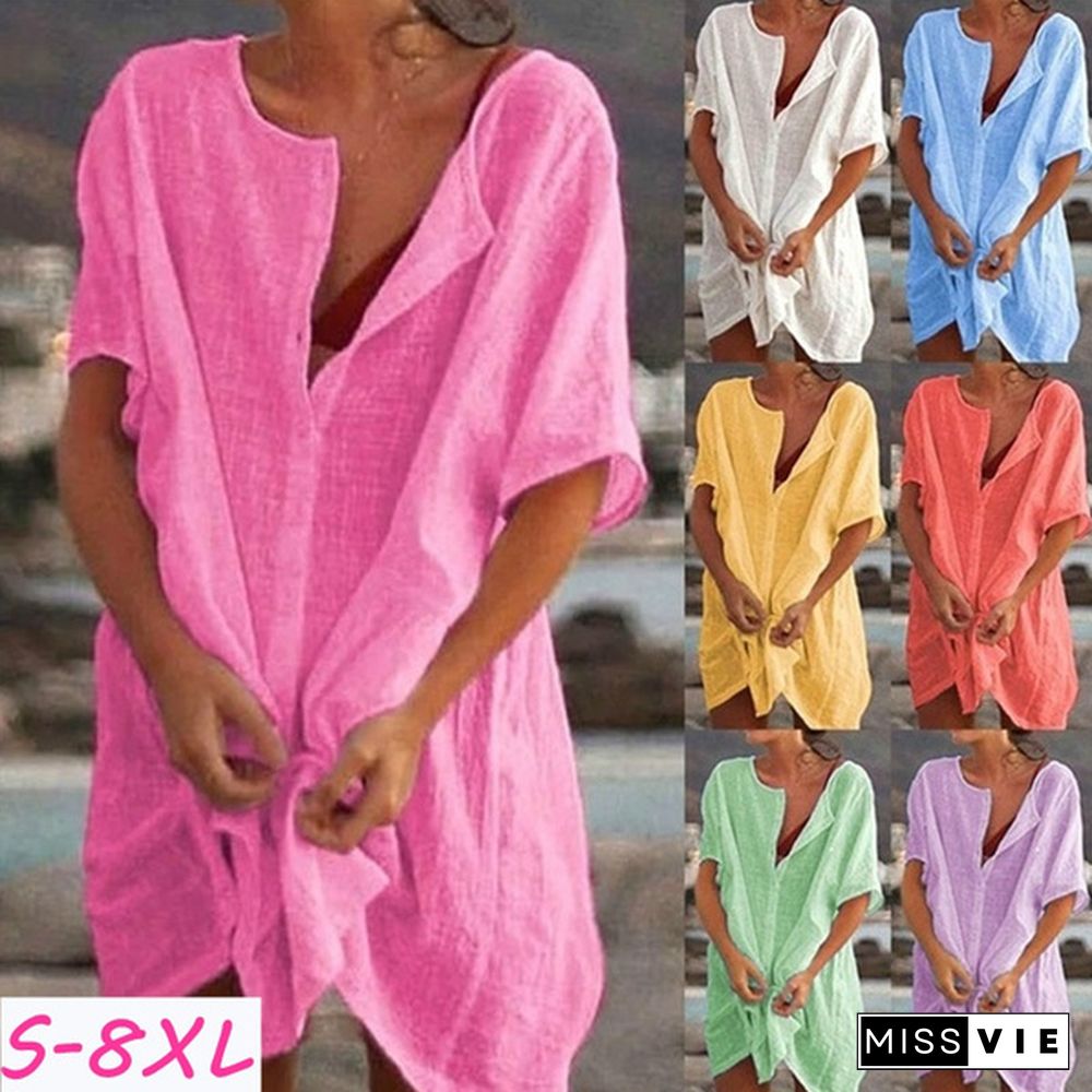 S-8XL Summer Dresses Plus Size Fashion Clothes Women's Casual Short Sleeve Linen Blouses Deep V-neck Loose Party Dress Ladies Solid Color Swimsuit Cover-up Beach Wear Mini Dress