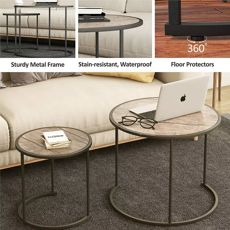 Year Color Round Industrial Nesting Coffee Tables Set of 2 for Bedroom， Office， Living Room