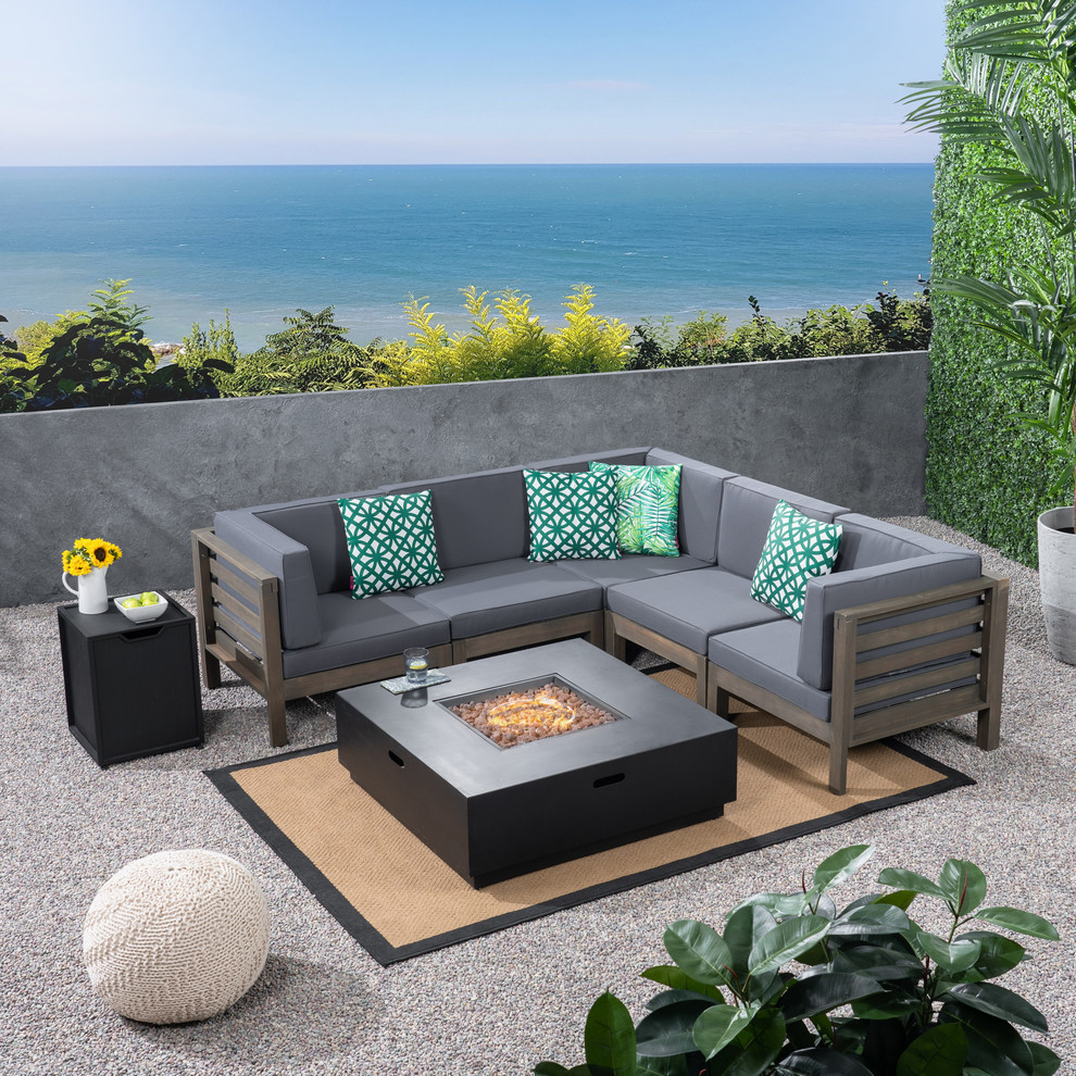 GDF Studio 7 Piece Brianna Outdoor V Shaped Acacia Sectional Set With Fire Pit   Transitional   Outdoor Lounge Sets   by GDFStudio  Houzz