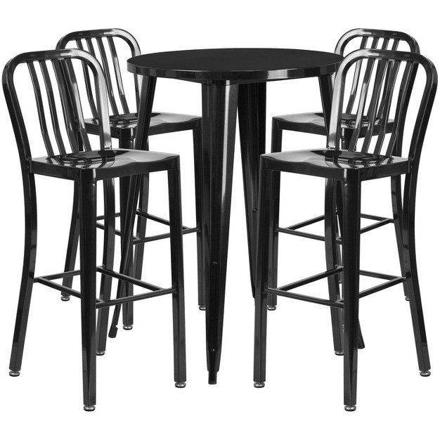 Round Metal Indoor outdoor Bar Table Set With 4 Vertical Slat Back Stools