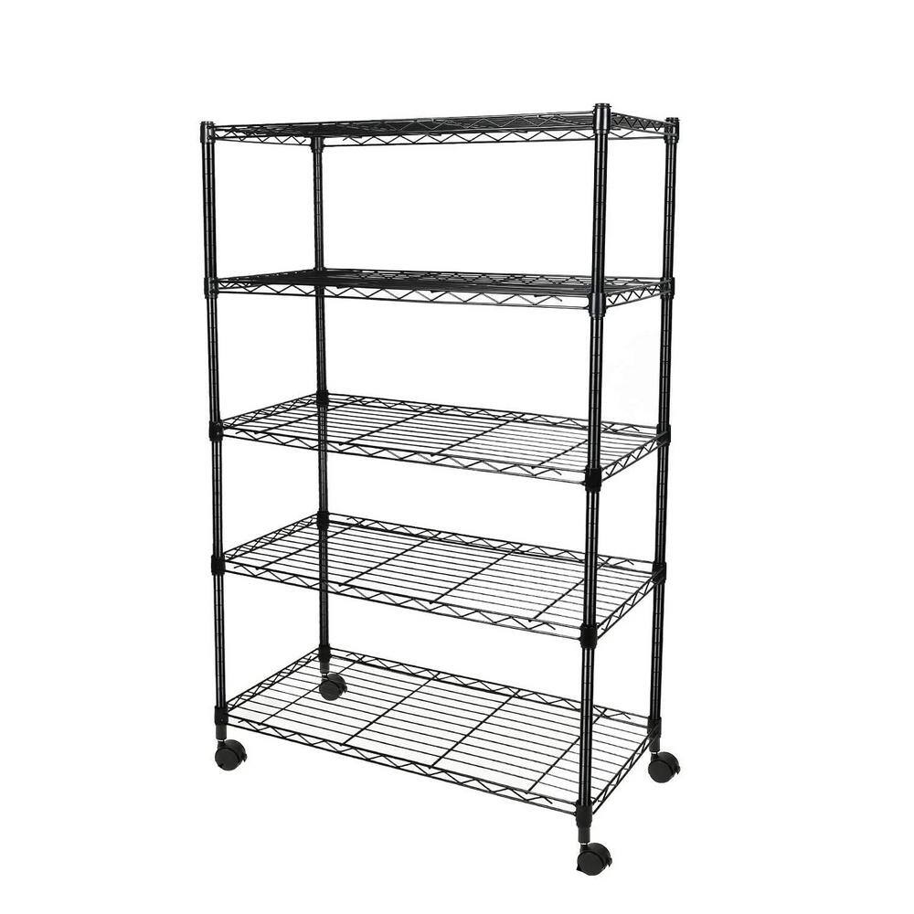 Amucolo Black 5-Tier Steel Wire Garage Storage Shelving Unit with Wheels (29.37 in. W x 60.8 in. H x 13.46 in. D) DHS-CYHK-105G