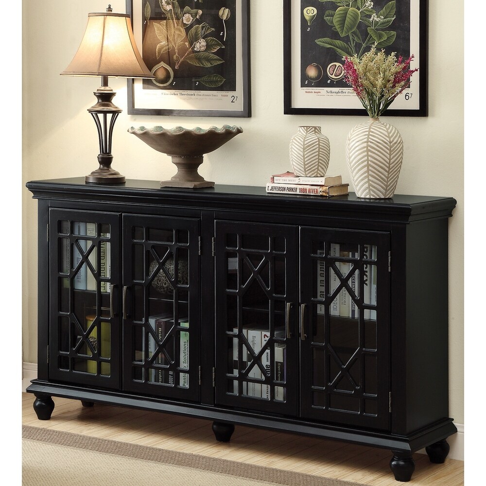 Decorative Lattice Overlay Design Black 4 door Accent Buffet Cabinet