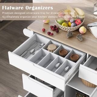 White Rubber Wood Countertop 53.1 in. W Kitchen Island on 5-Wheels with 8-Handle-Free Drawers and Flatware Organizer EC-SK000002AAW