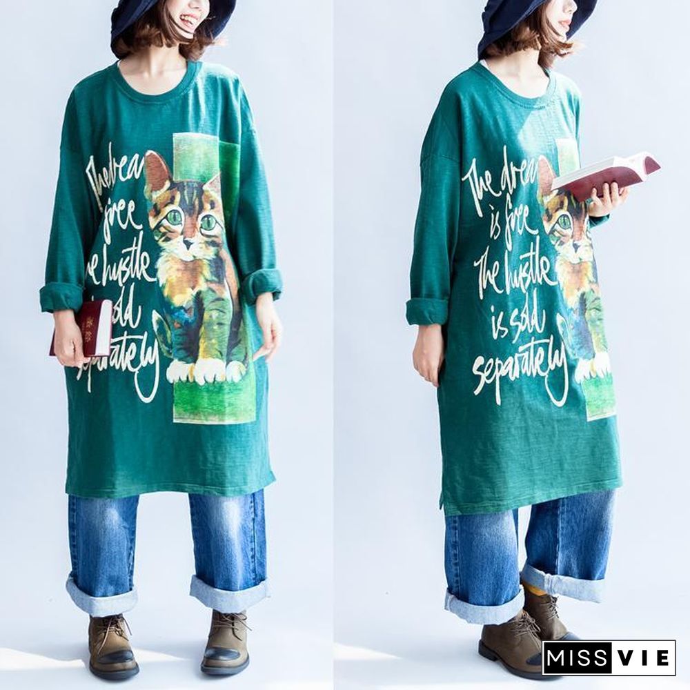 Pure cotton green cat print oversized dresses plus size causal jumpers