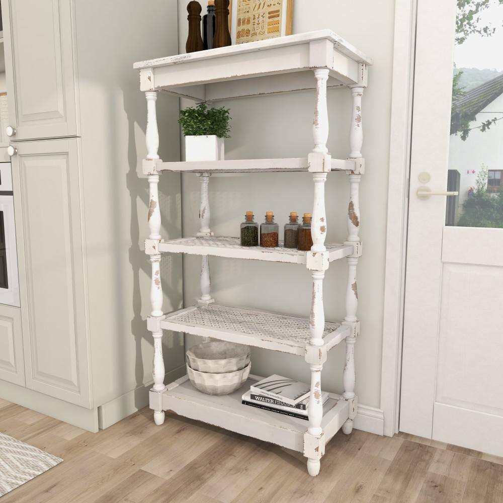 Litton Lane 5 Shelf Wood Stationary White Distressed Open Shelving Unit with Spindle Sides and Mesh 44419