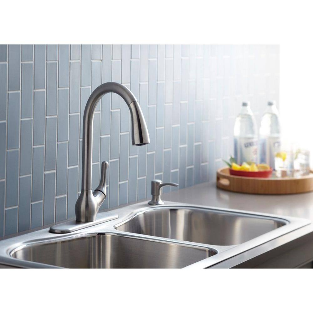 KOHLER Barossa Single-Handle Pull-Down Sprayer Kitchen Faucet with SoapLotion Dispenser in Vibrant Stainless K-R776-SD-VS