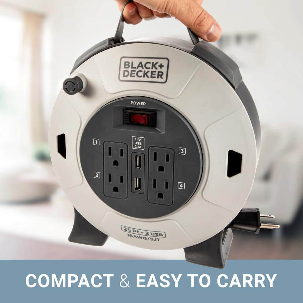 BLACK+DECKER 25 ft. 4 Outlets and 2 USB Retractable Extension Cord with 16 AWG SJT Cable Compact Power Cord Reel BDXPA0061