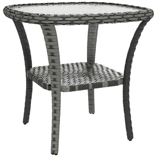 Outsunny Rattan Coffee Table With Storage Shelf Hand woven Wicker Outdoor Side Table With Water ripple Glass Top Mix Gray