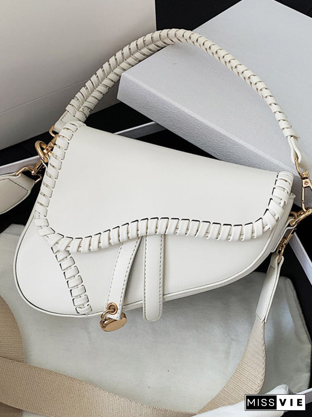 Urban Split-Joint Solid Color PU Shoulder Bag Saddle Bag