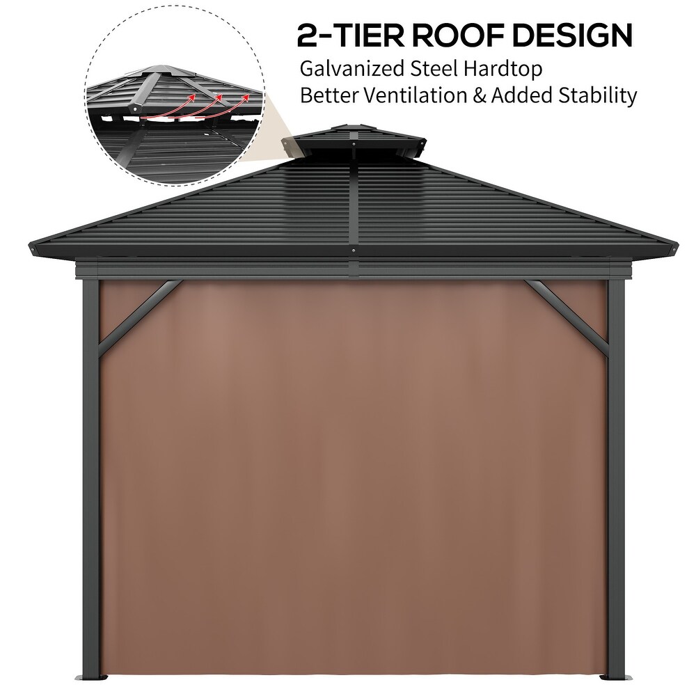 Outsunny 10'x 10' 2 Tier Roof Steel Hardtop Aluminum Permanent Gazebo with a Mesh Net and Privacy Sidewalls