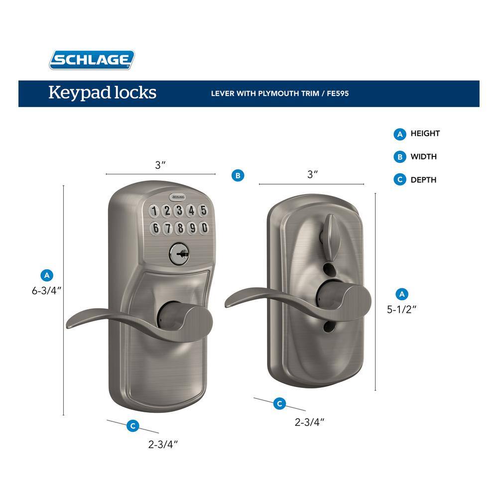 Schlage Plymouth Bright Brass Electronic Keypad Door Lock with Flair Handle and Flex Lock FE595 V PLY 505 FLA 605