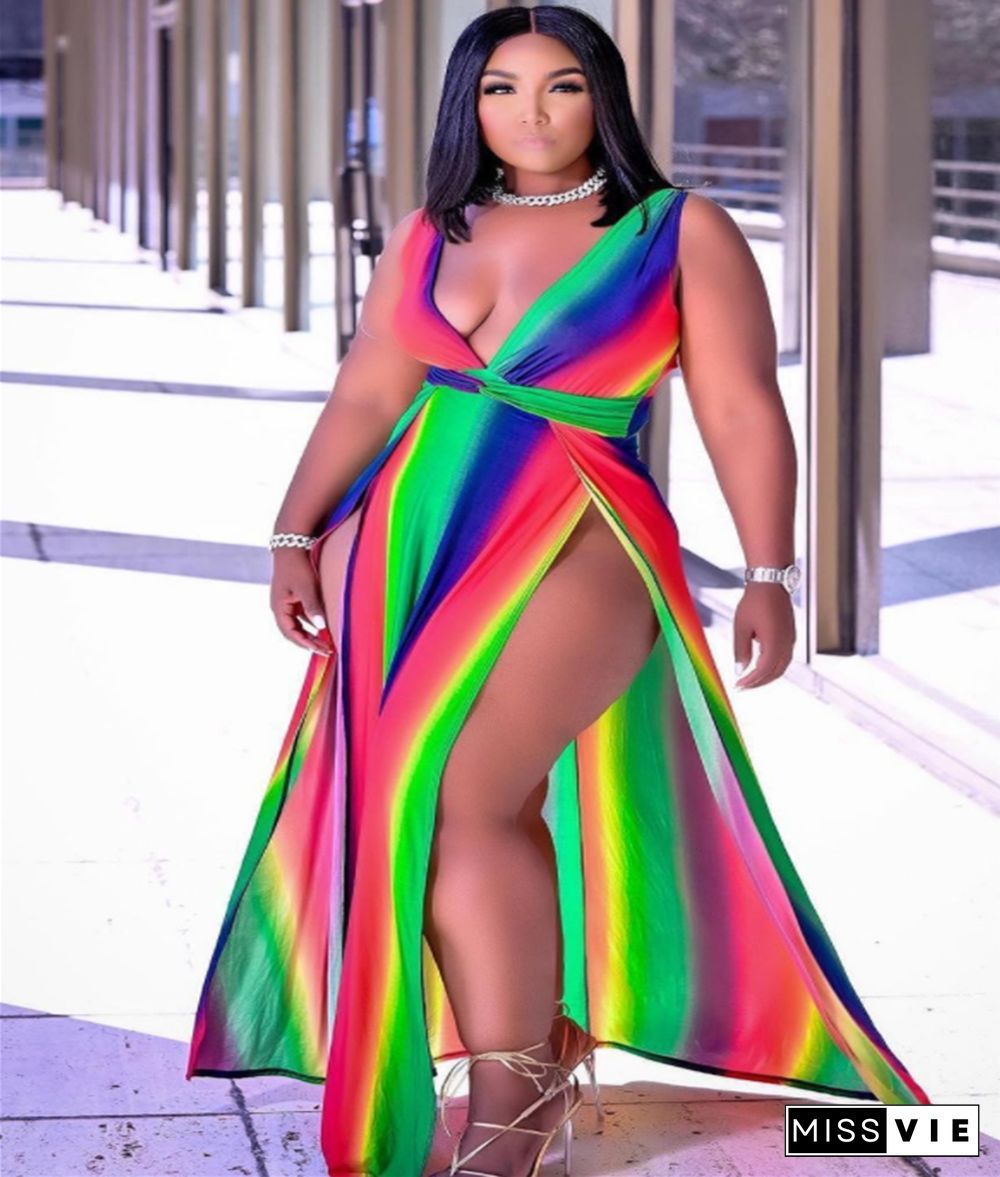 Rainbow Striped Bohemian Beach Plus Size Dresses